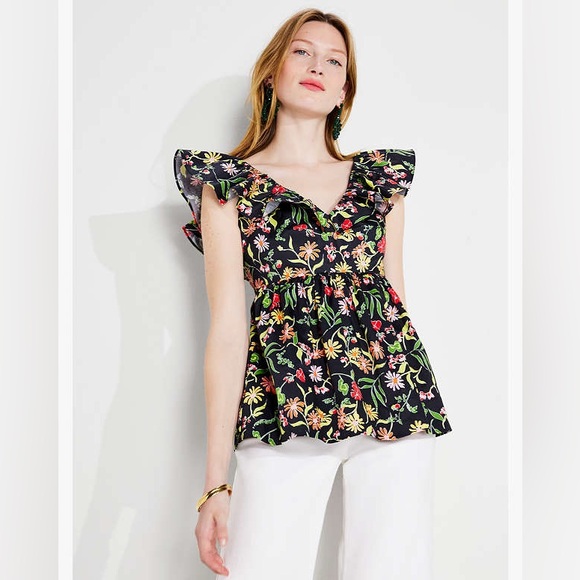 Kate Spade Women’s Rooftop Garden Floral Ruffle Top V-neck Poplin Fabric Size 8 - Picture 4 of 10
